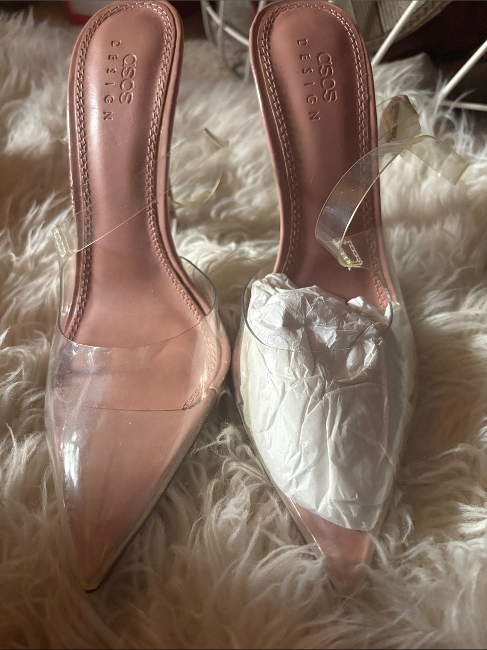 ASOS Clear Strap Pointed Mules in Blush Pink